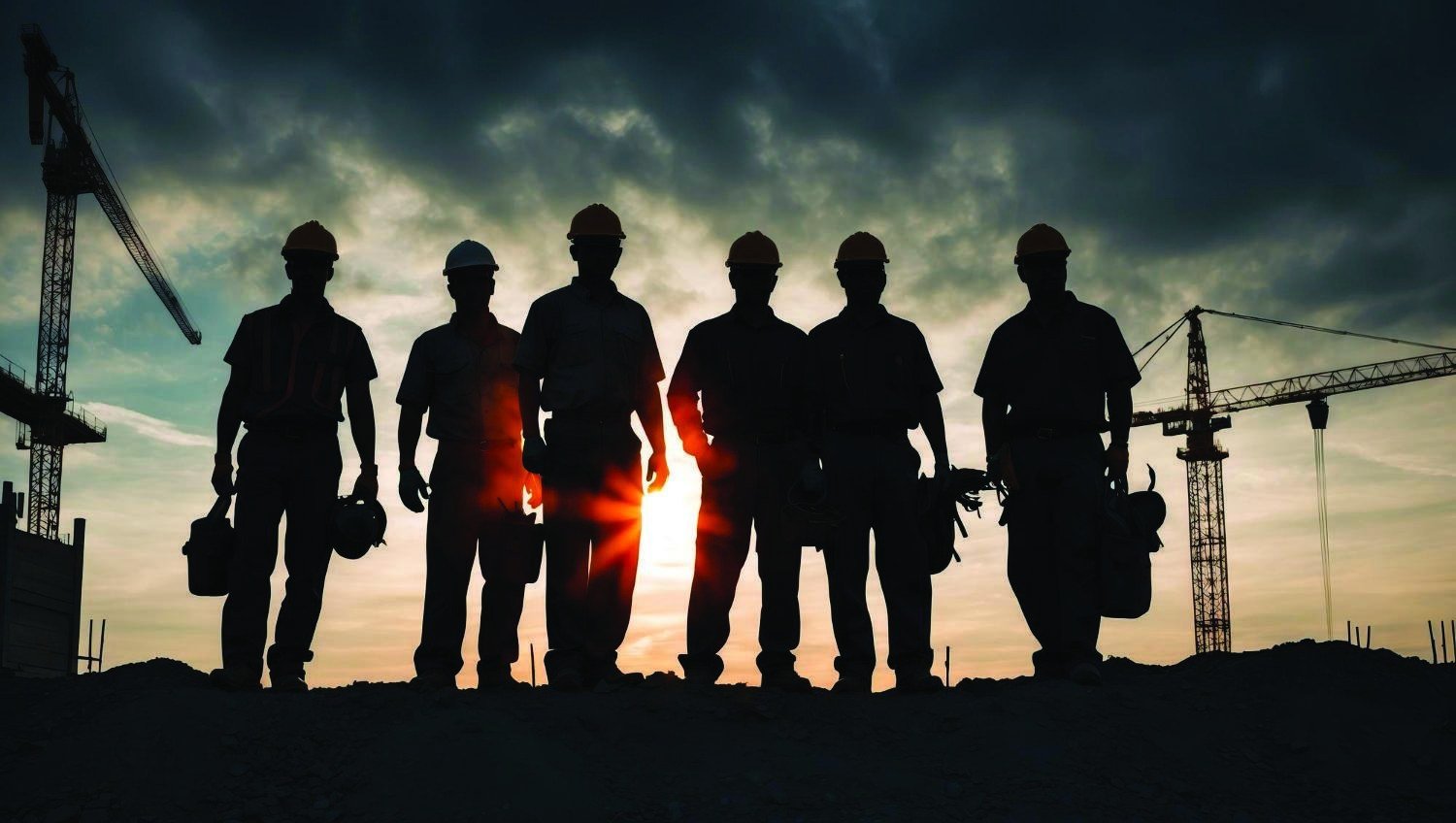 Construction team silhouettes at a project site
