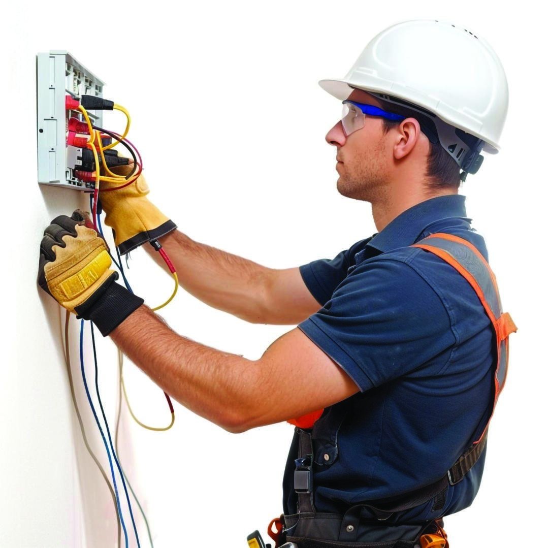 Electrician installing wiring in a wall-mounted electrical enclosure