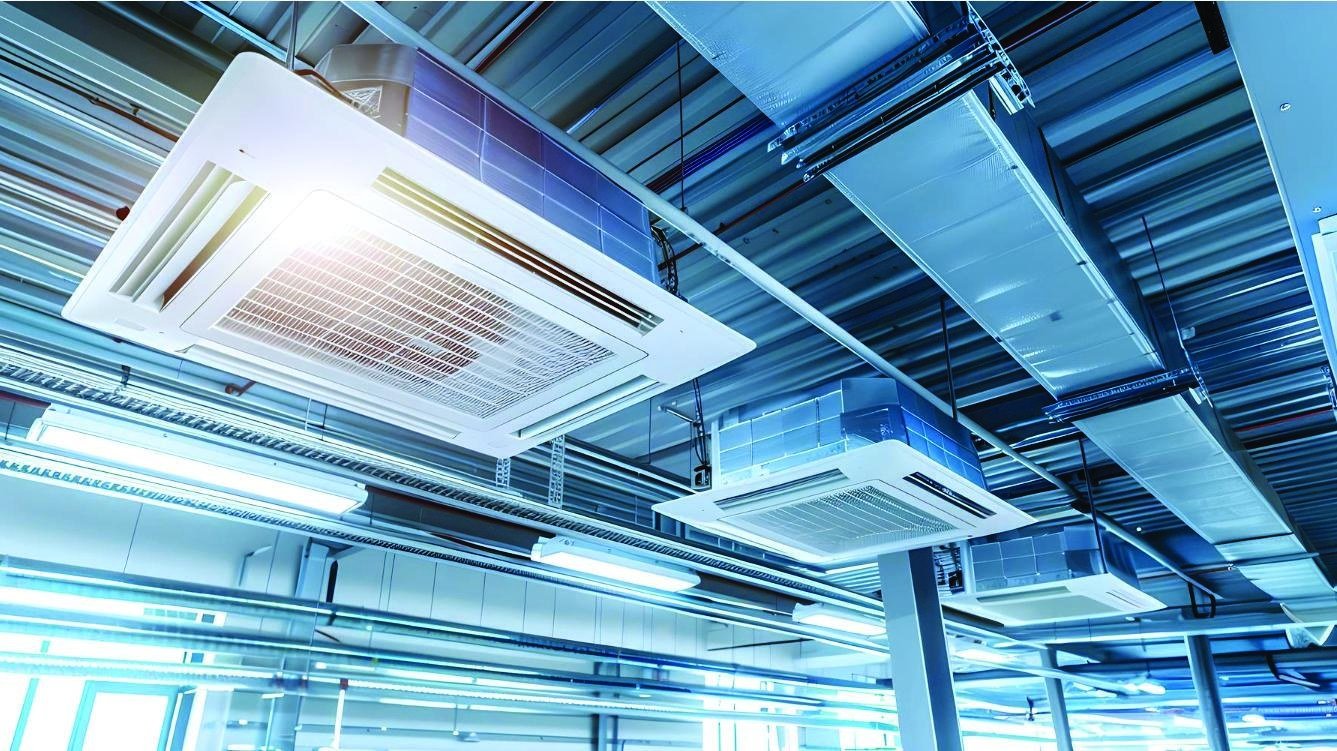 Ceiling HVAC units integrated with exposed building services