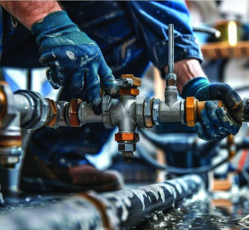 Technician working on pipe valves and connections